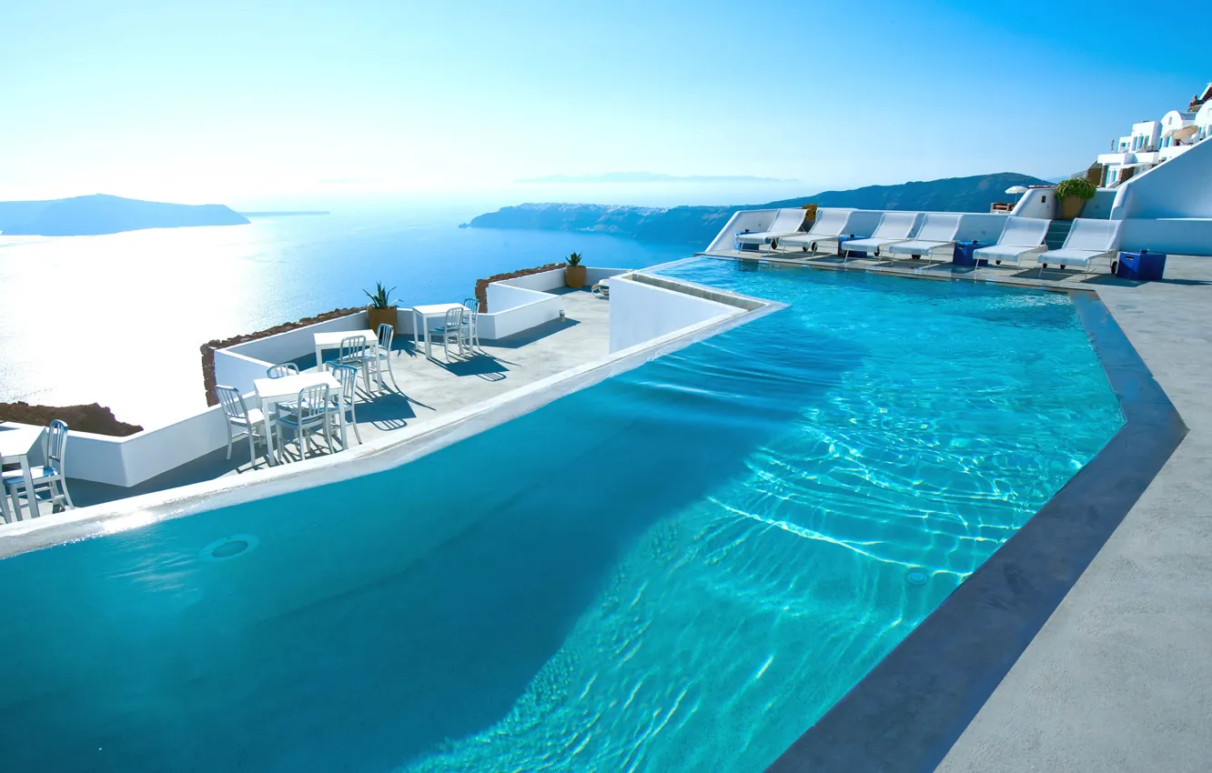 Фото обои море, бассейн, Санторини, Греция, отель