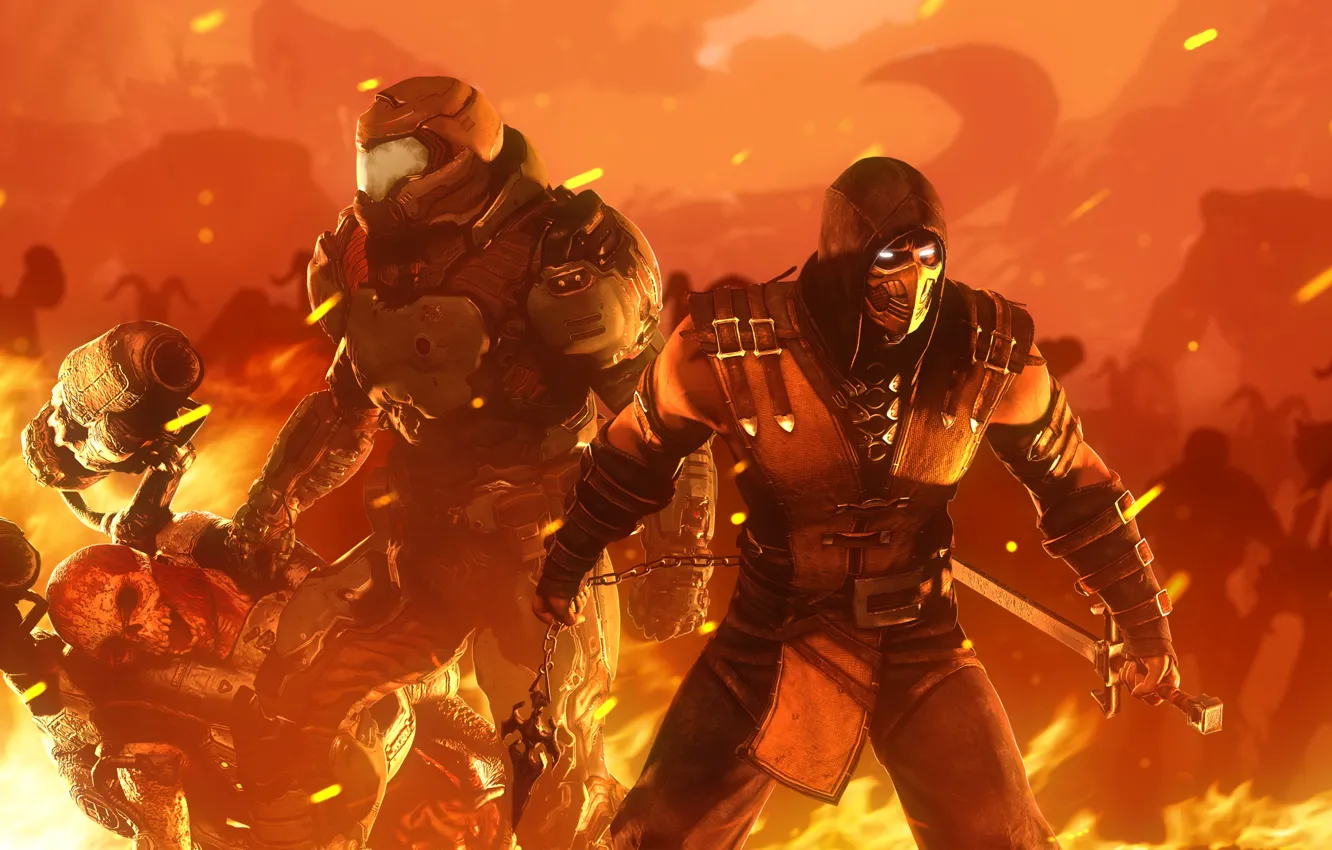 Фото обои шлем, броня, демоны, Mortal Kombat, scorpion, ninja, doom