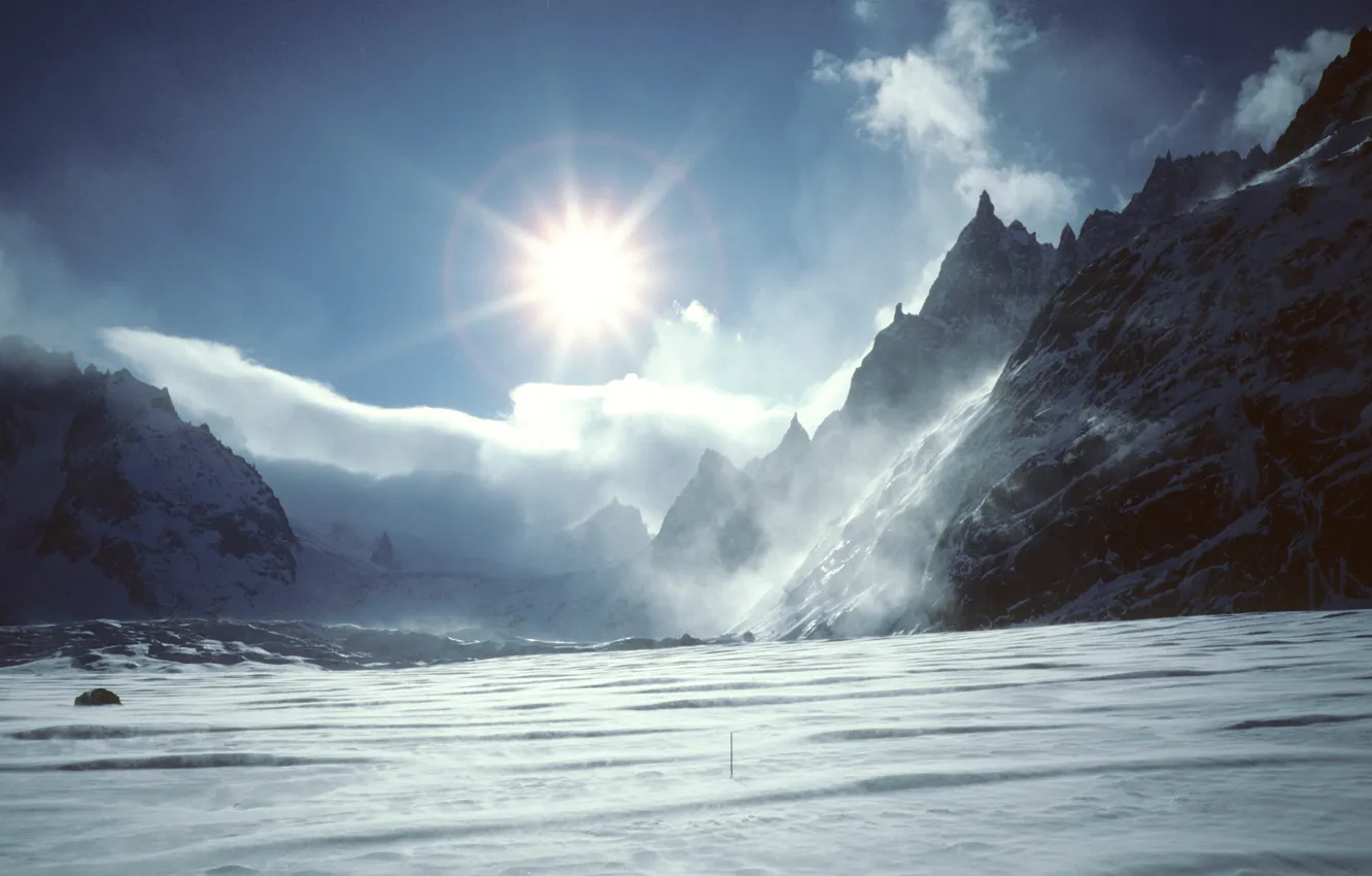 Фото обои солнце, облака, снег, горы