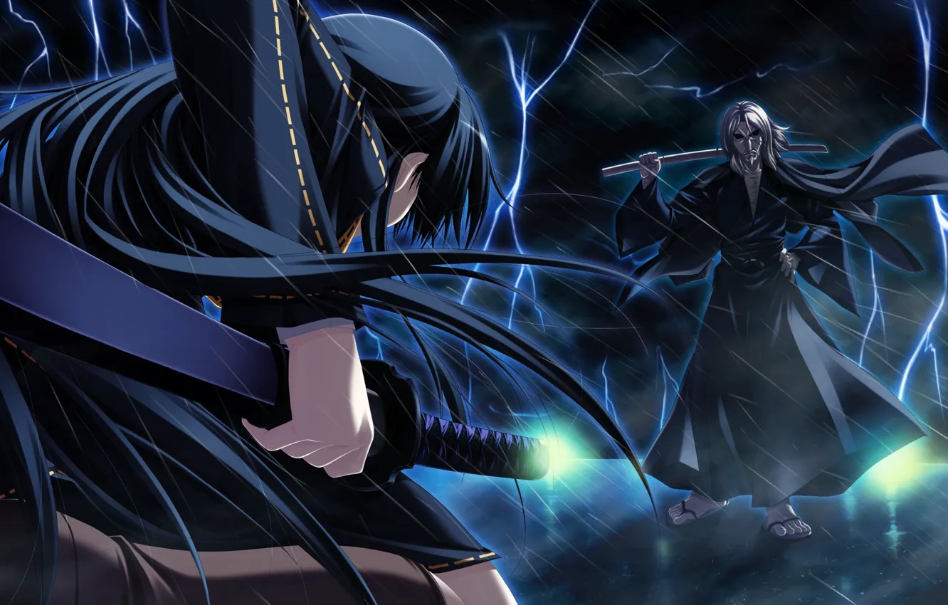 Фото обои магия, катана, сражение, art, поединок, visual novel, shinigami no testament, sakaki maki