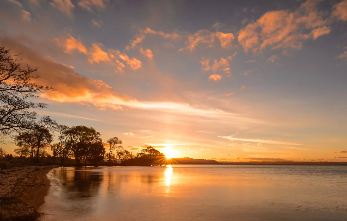 Фото обои солнце, восход, Новая Зеландия, Северный остров, озеро Роторуа, Lake Rotorua