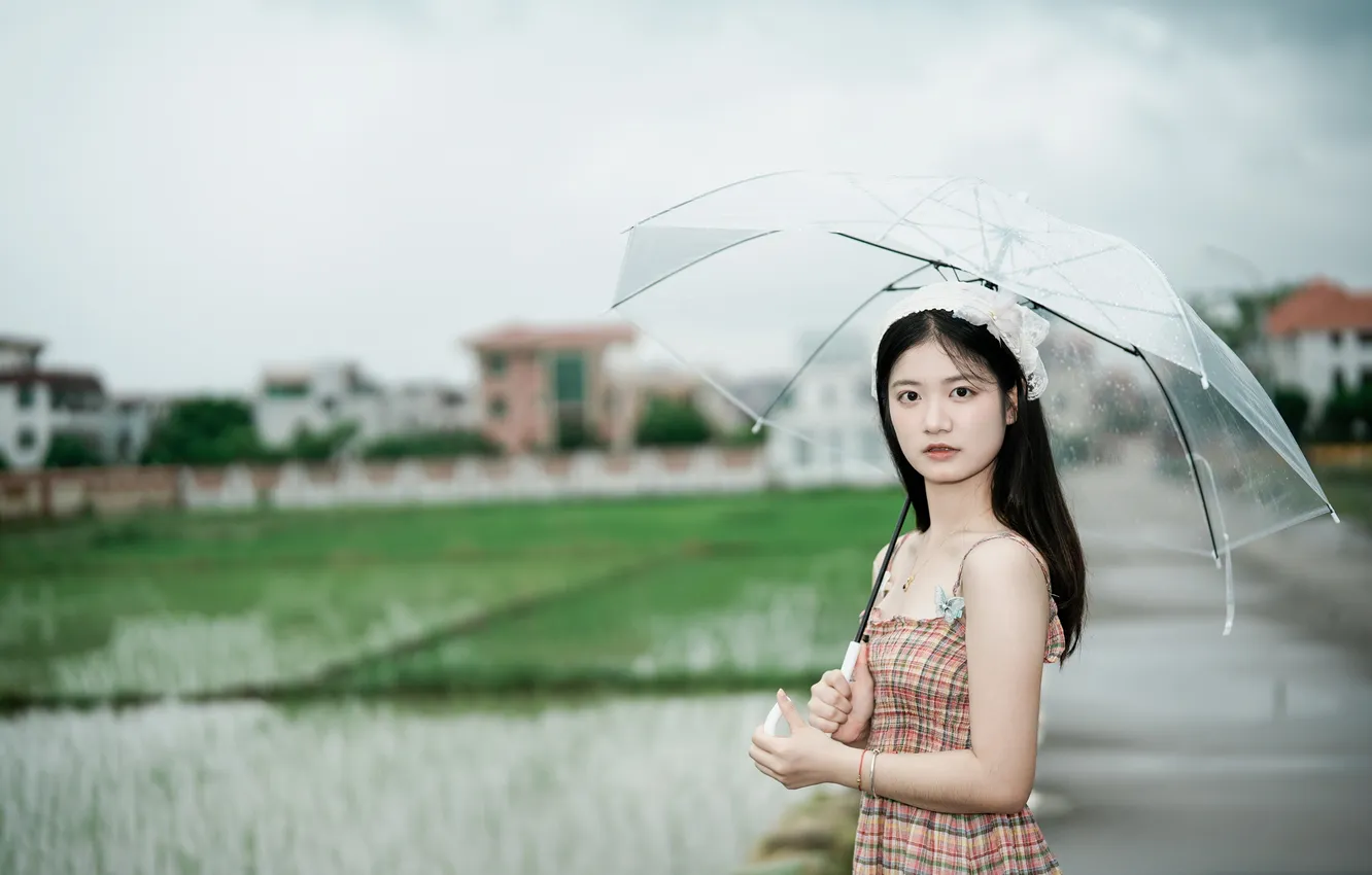 Фото обои Beautiful, Asian, Model, Water, Smile, Rain, Umbrella, Woman