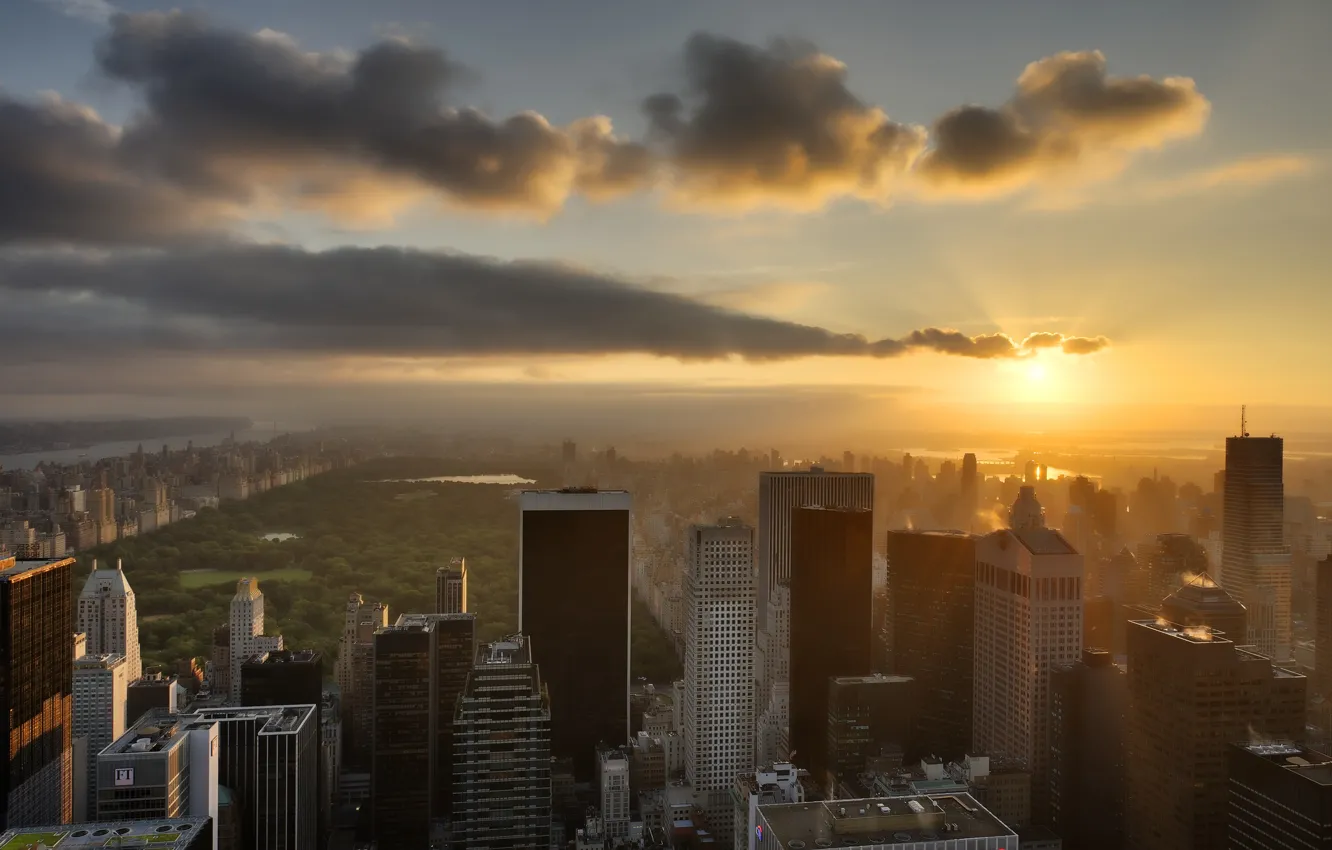 Фото обои небо, солнце, город, здания, New York