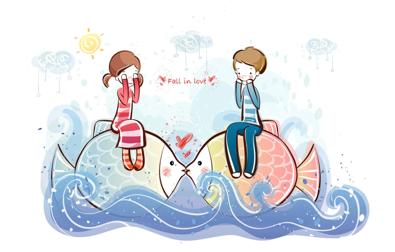 Фото обои волны, вода, рыбы, рисунок, мальчик, девочка, love