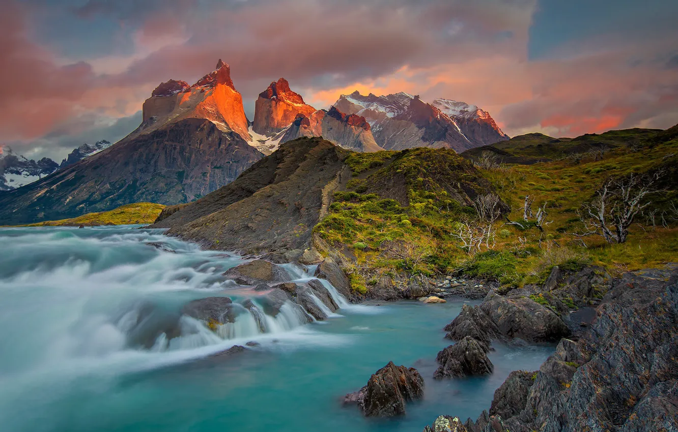 Фото обои горы, река, Чили, пороги, Патагония, Национальный парк Торрес-дель-Пайне