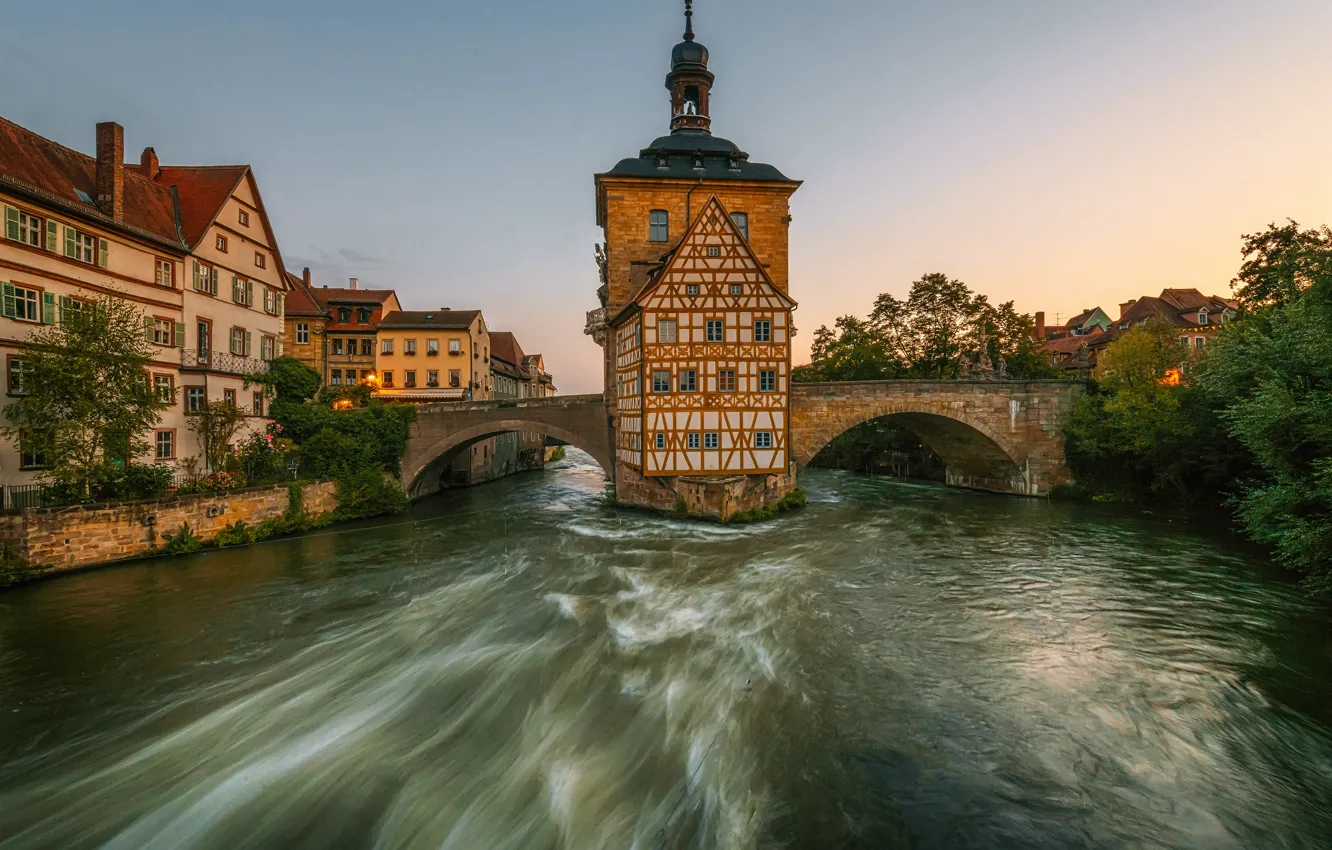 Фото обои мост, река, здания, Германия, Бавария, набережная, Germany, Bamberg