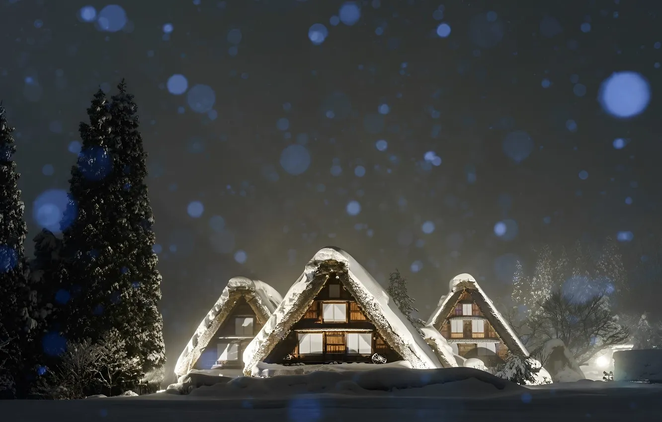 Фото обои Вечер, Снег, Деревня, Snow, Evening, Village, Снежные Дома, Snow Houses