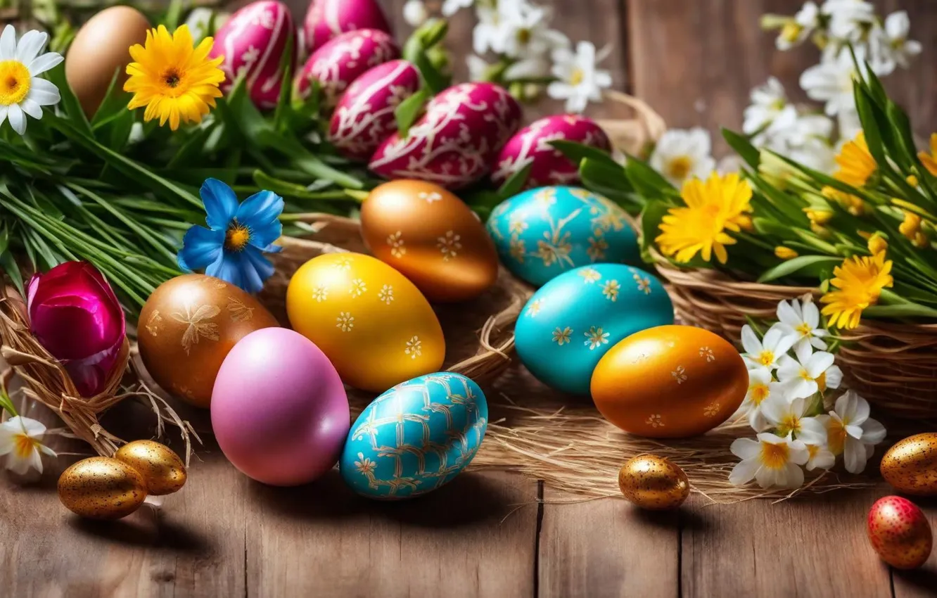 Фото обои цветы, яйца, весна, colorful, Пасха, happy, flowers, spring