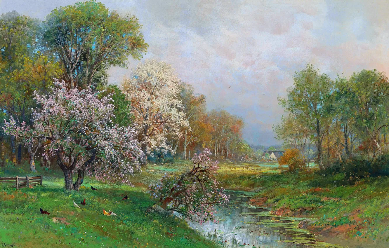 Фото обои Дома, Деревья, Ручей, Картина, Alois Arnegger, Весенний пейзаж, Алоис Арнеггер, Австрийский живописец