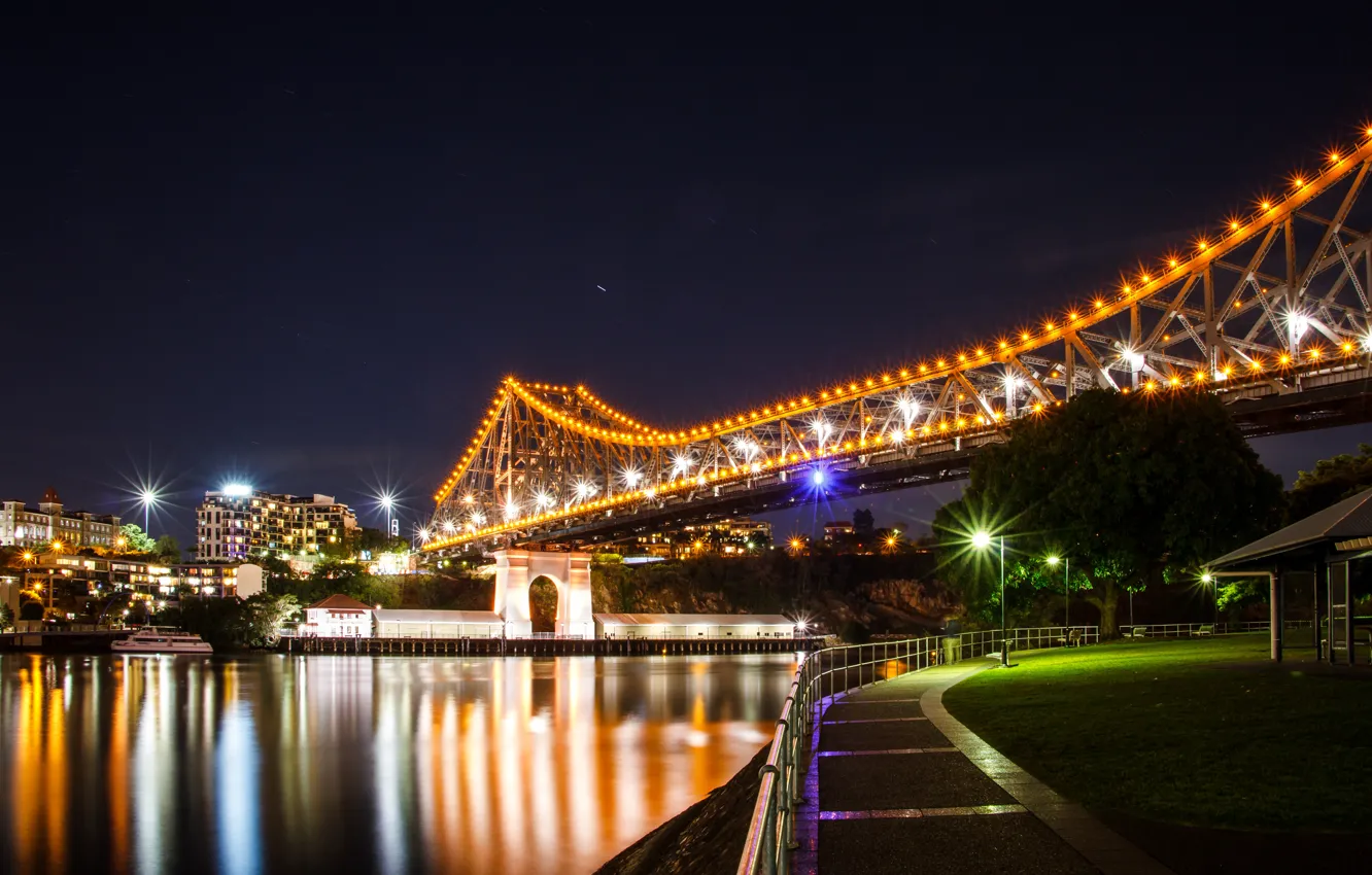 Фото обои ночь, мост, огни, река, дома, Австралия, фонари, набережная