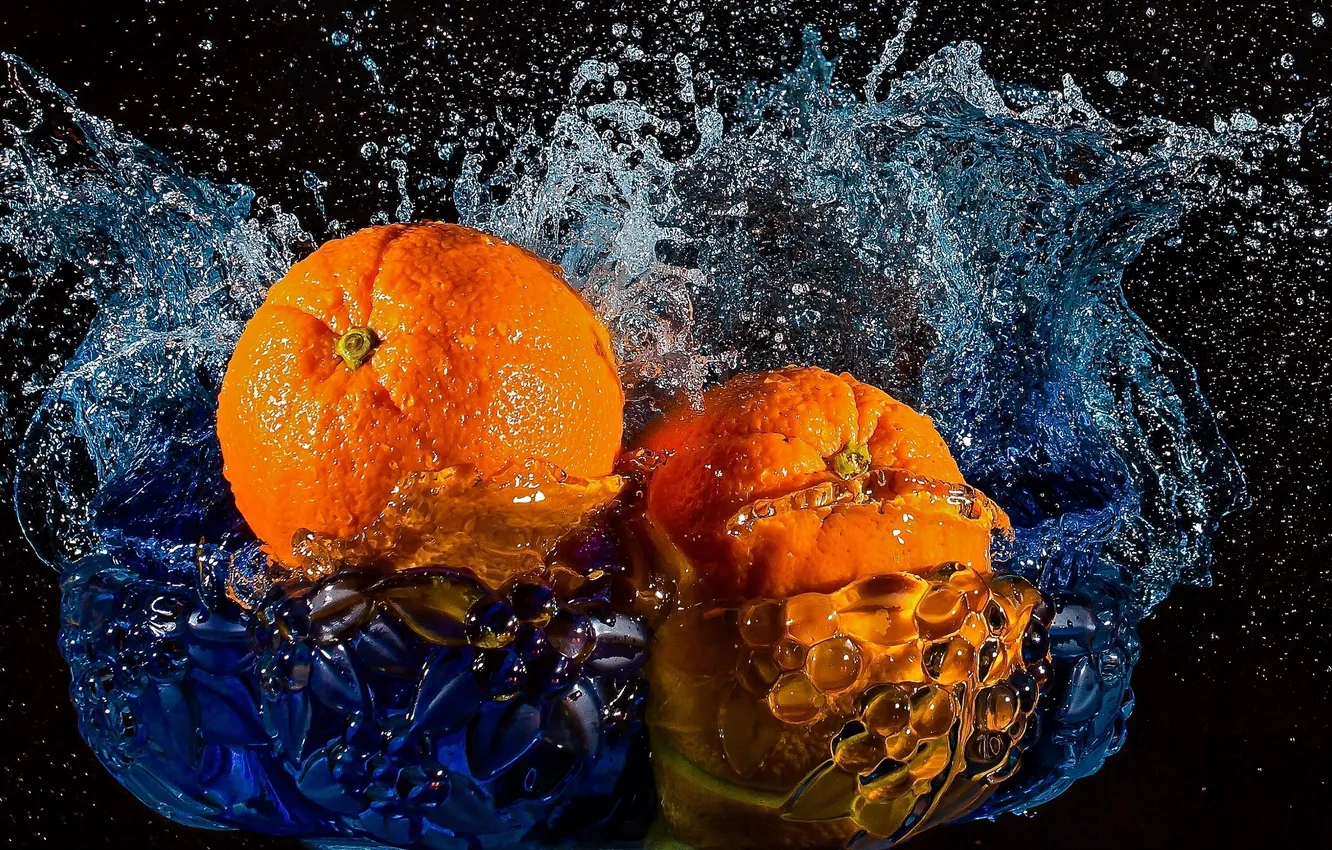 Фото обои вода, брызги, апельсины