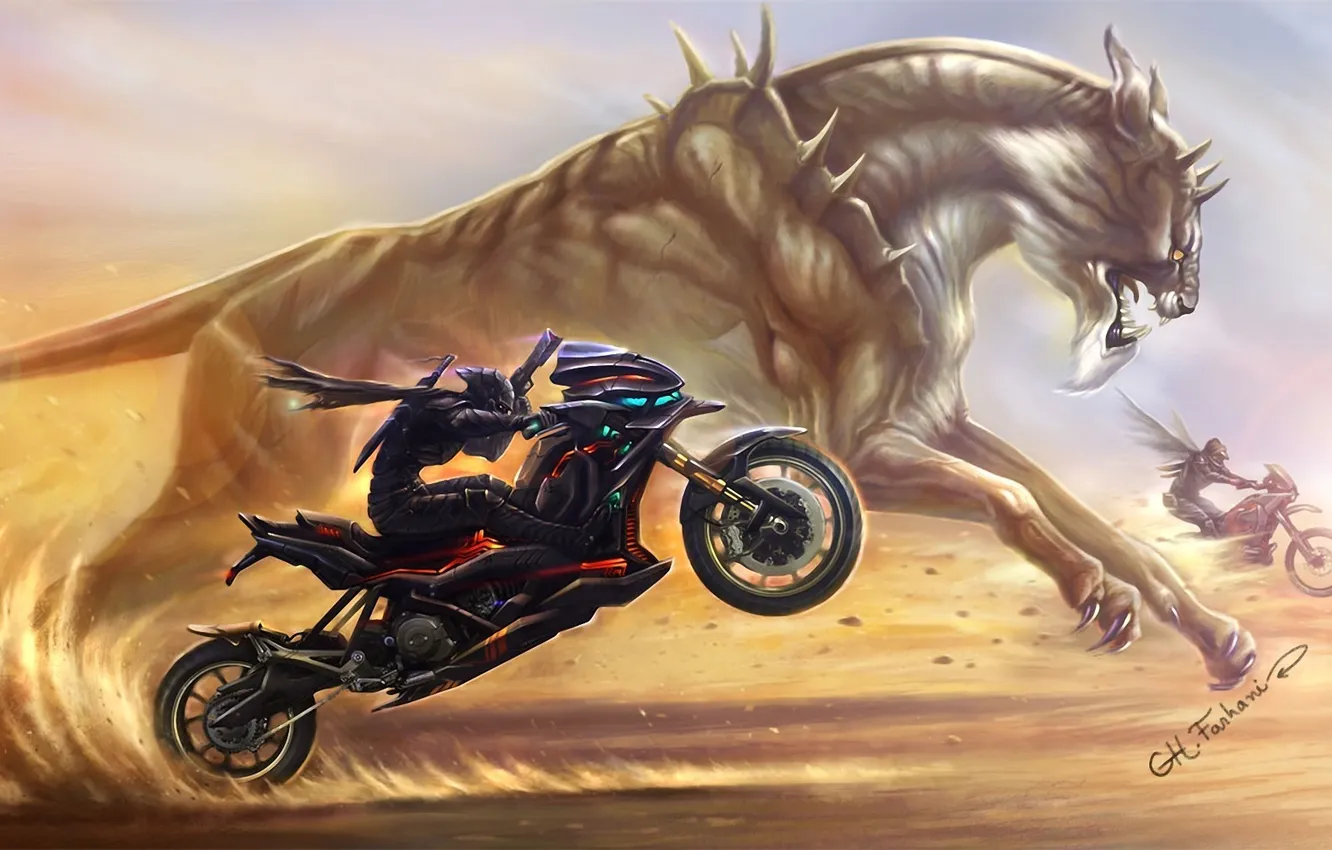 Фото обои песок, кошка, оружие, гонка, пустыня, крылья, монстр, хищник