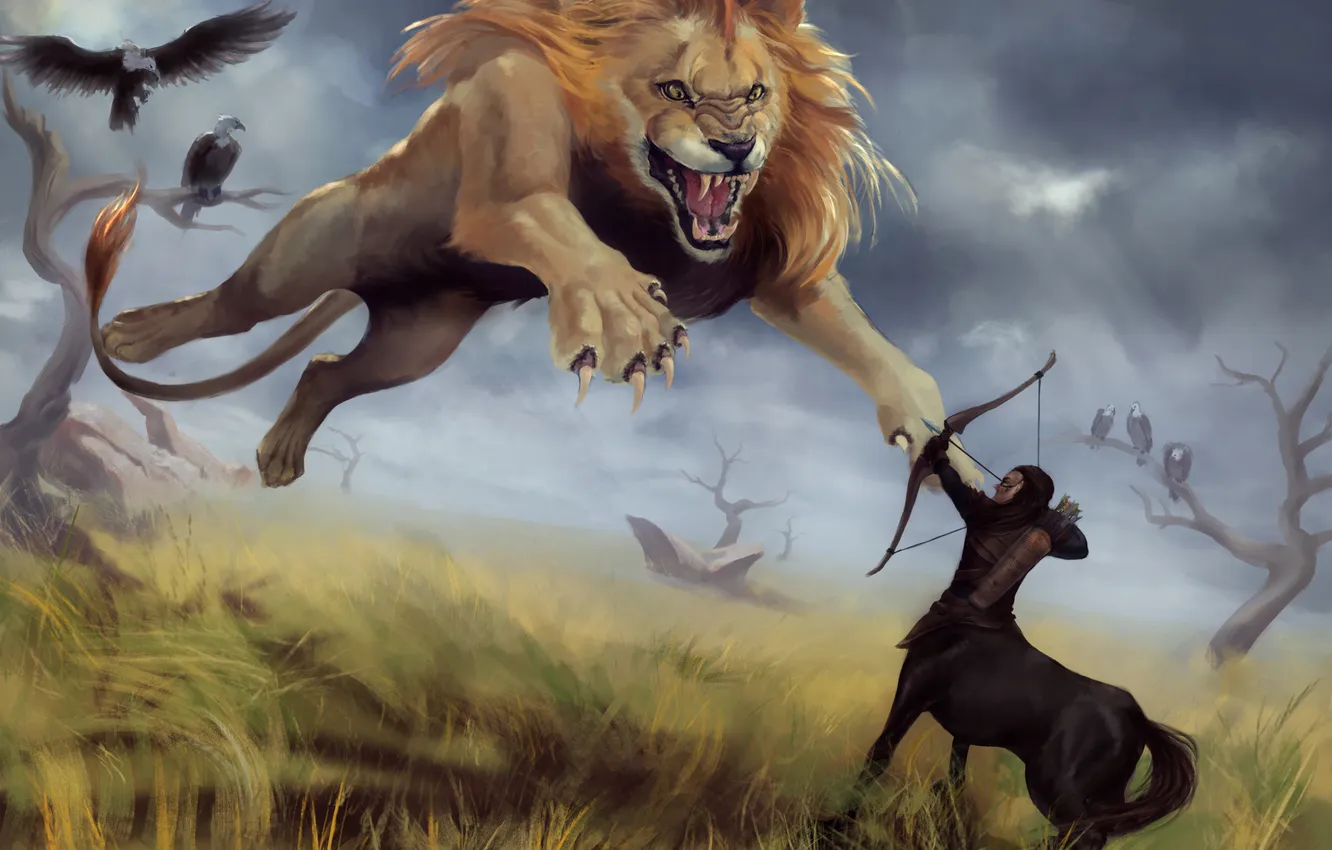 Фото обои хищник, лев, арт, нападение, кентавр, стервятники, лук. стрелы