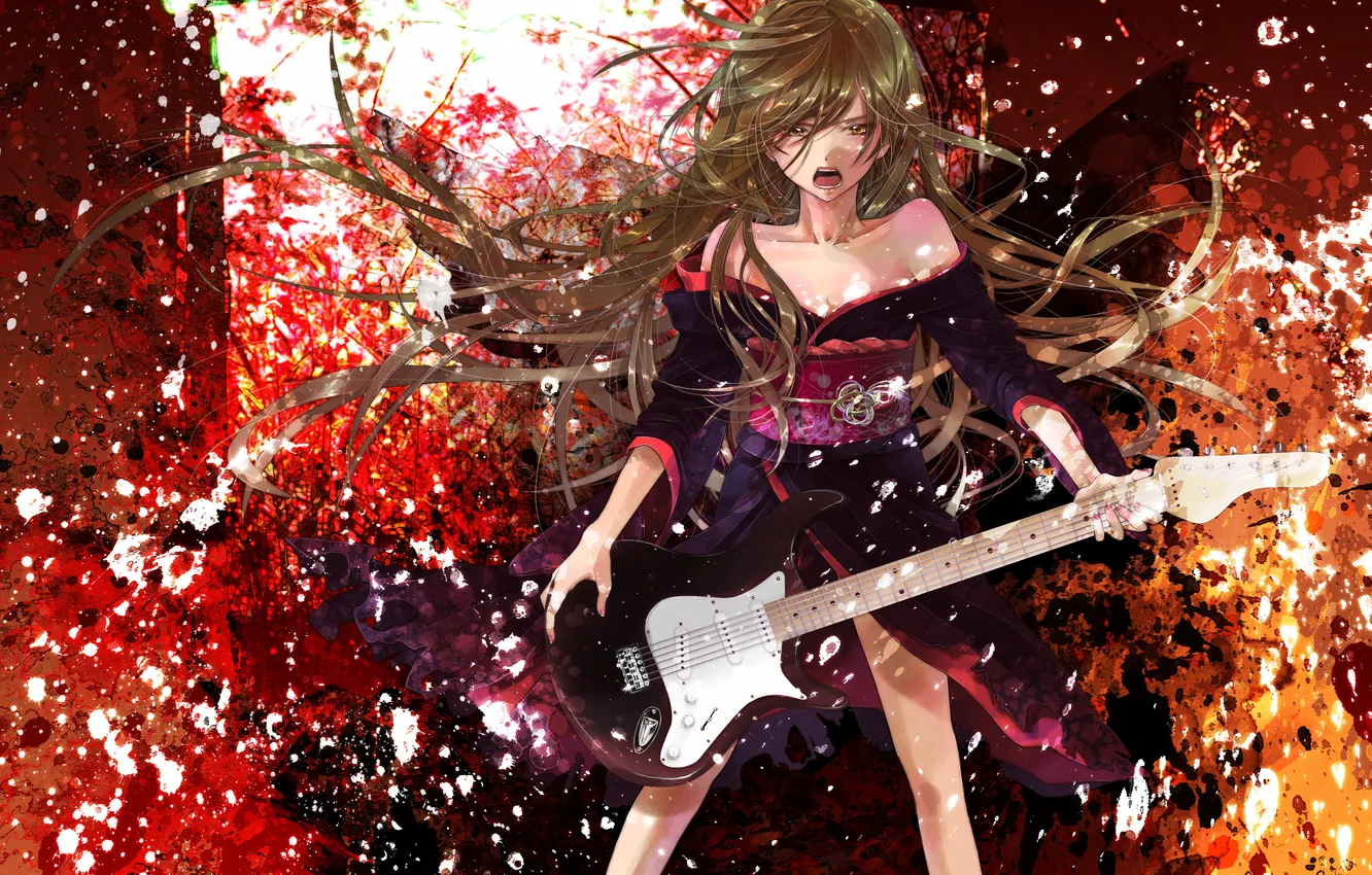 Фото обои гитара, Девушка, пояс, кимоно, длинные волосы