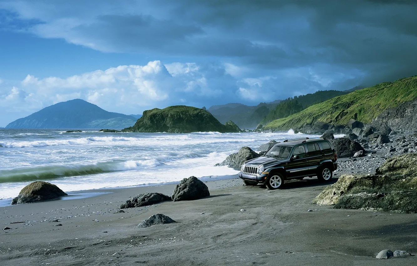 Фото обои волны, небо, вода, природа, камни, берег, залив, Jeep