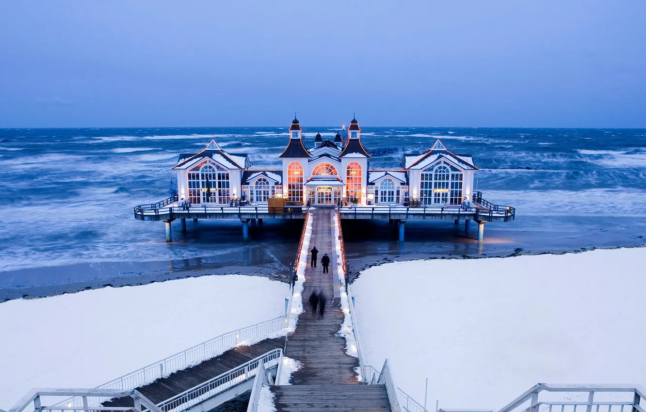 Фото обои лед, море, Германия, пирс, Sellin Pier, Мекленбург-Передняя Померания, остров Рюген