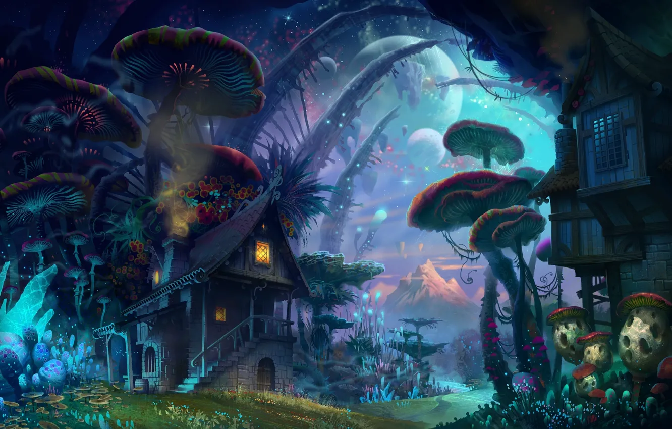 Фото обои лес, небо, свет, дом, луна, грибы, гриб, планеты