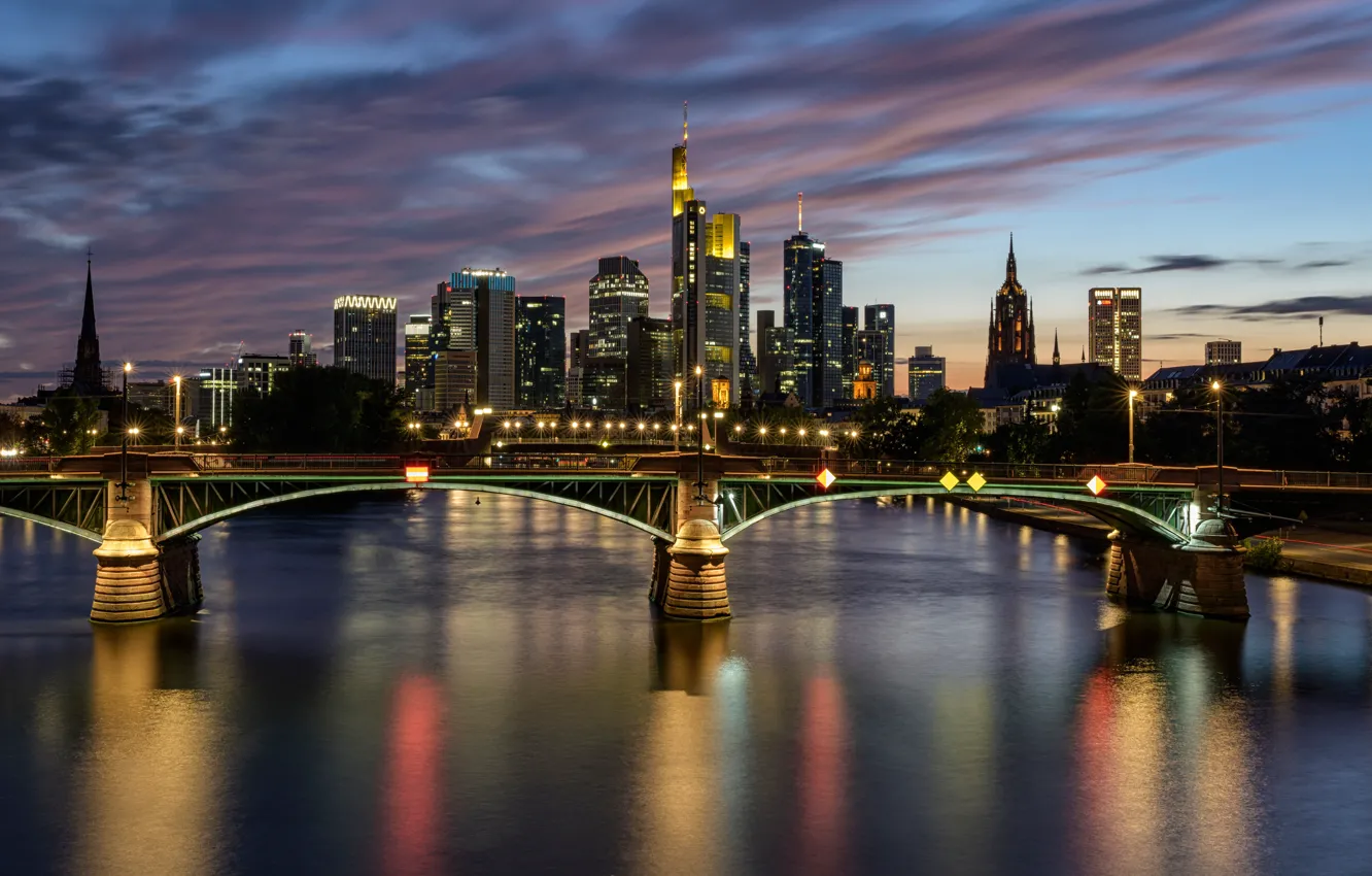 Фото обои небо, мост, огни, река, здания, дома, вечер, Германия