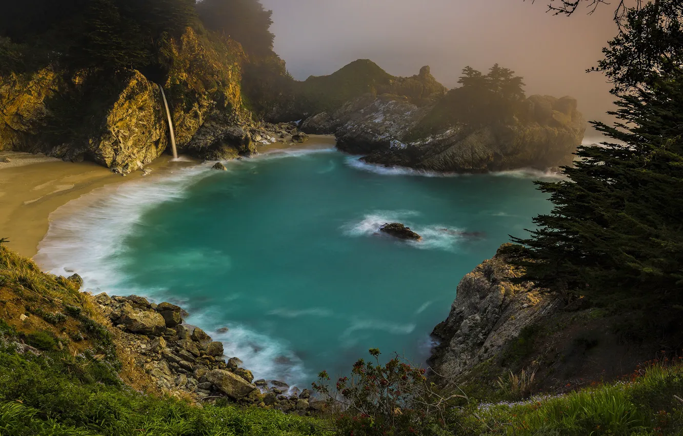 Фото обои море, туман, скалы