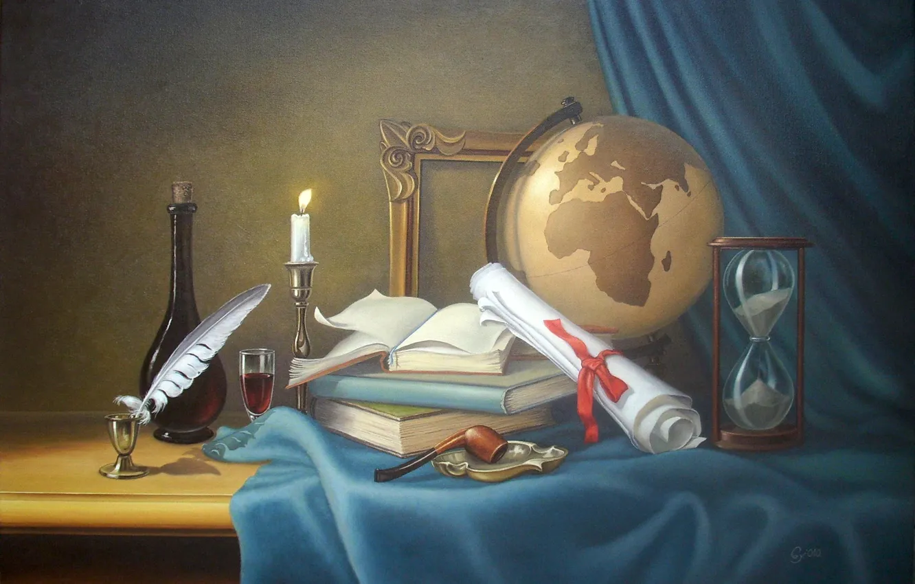 Фото обои перо, книги, свеча, трубка, натюрморт, глобус, песочные часы, чернильница