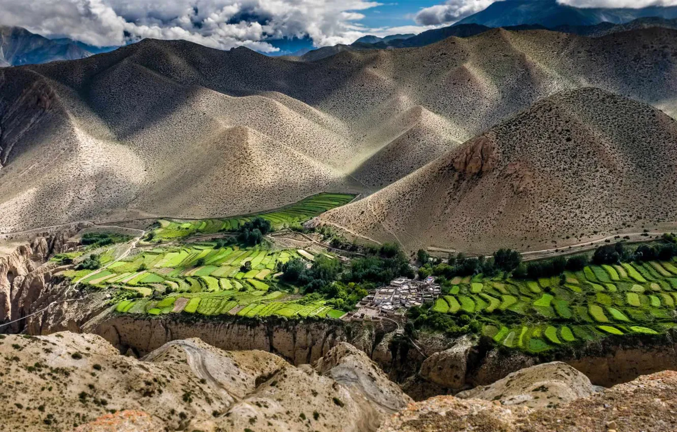 Фото обои горы, поля, деревня, панорама, Непал