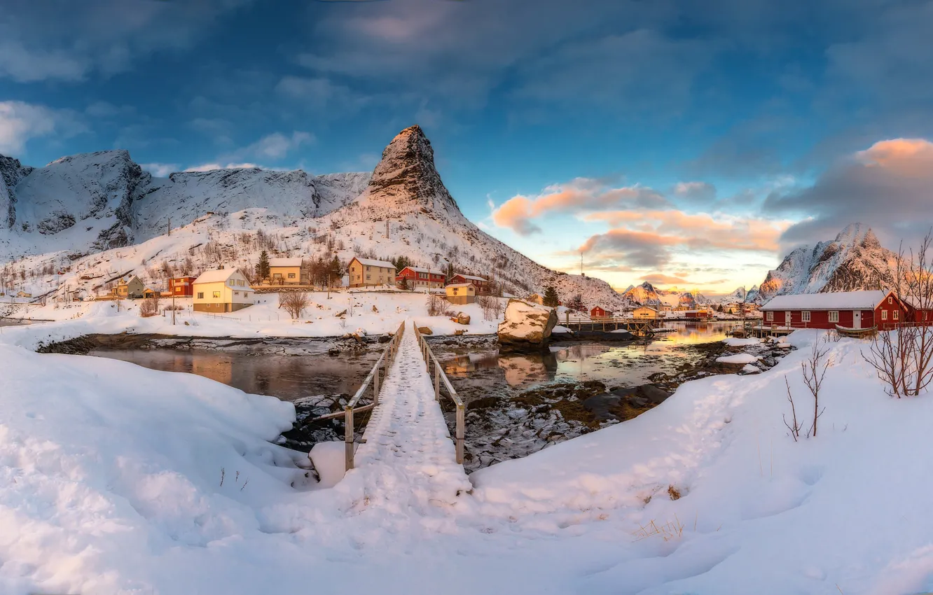 Фото обои зима, снег, горы, Норвегия, поселение