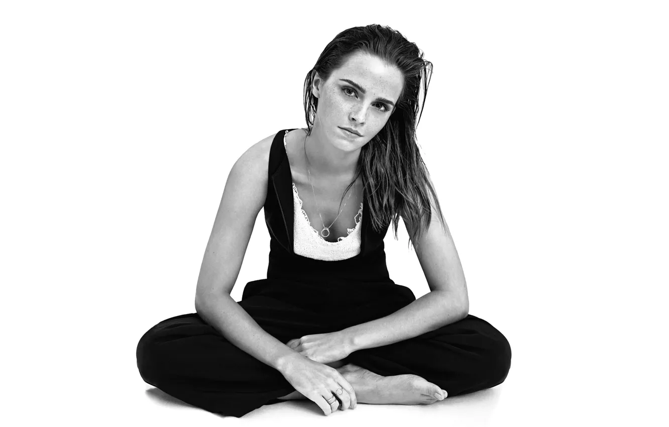 Фото обои black & white, актриса, Эмма Уотсон, Emma Watson, model, hair, фотомодель, actress