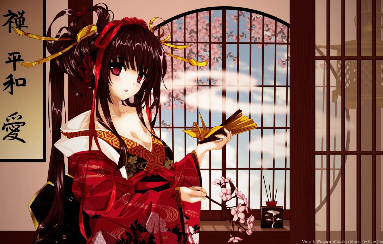 Фото обои взгляд, девушка, сакура, иероглифы, кимоно, Anime, гейши