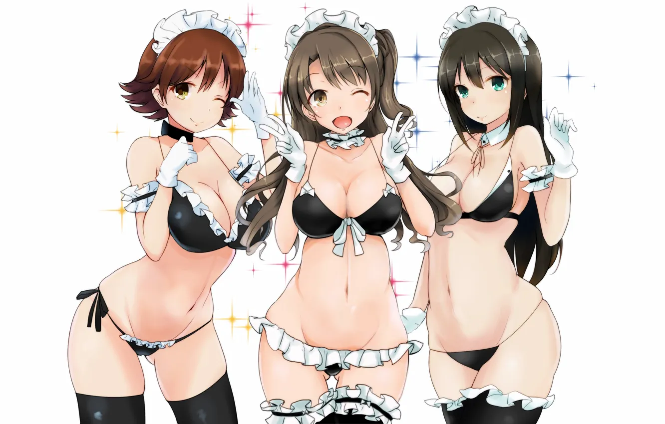 Фото обои sexy, lingerie, pantsu, bra, cleavage, panties, thighhighs, green eyes
