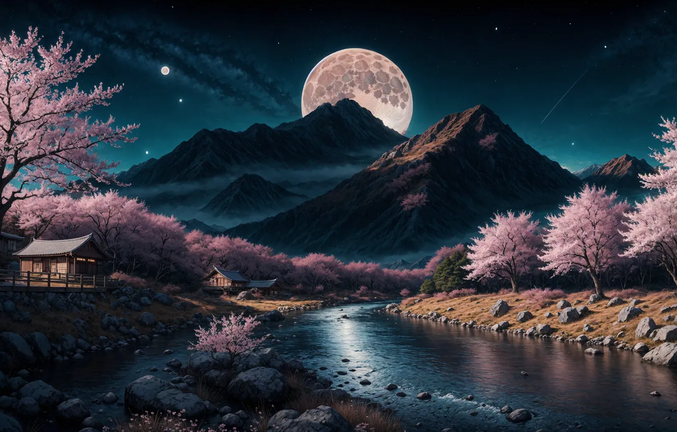 Фото обои Moon, house, forest, river, landscape, nature, water, night