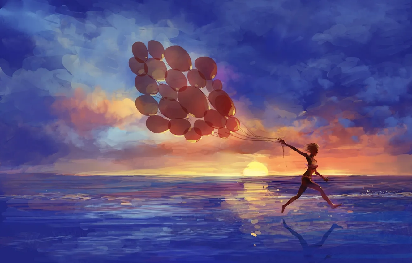 Фото обои море, девушка, закат, воздушные шары, эмоции, арт, бег