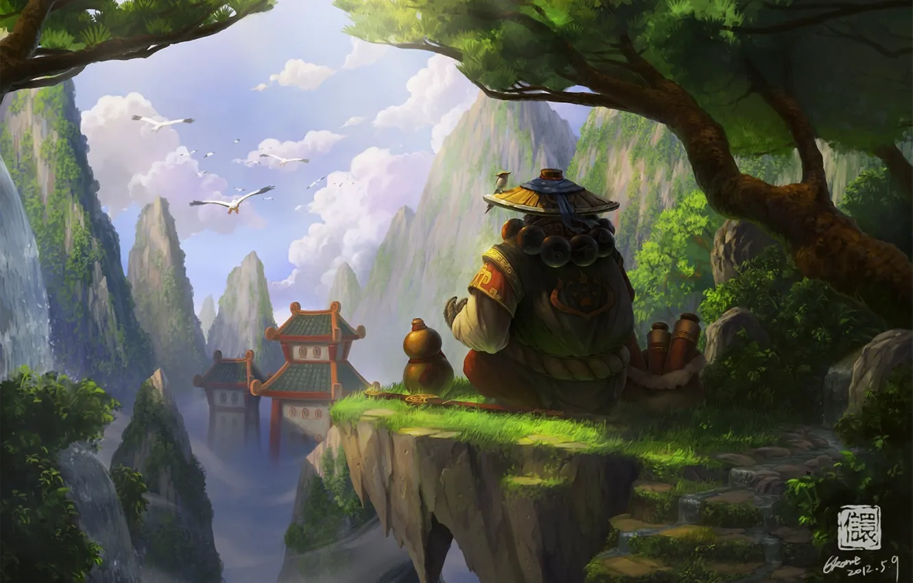 Фото обои деревья, птицы, скалы, азия, высота, шляпа, арт, панда
