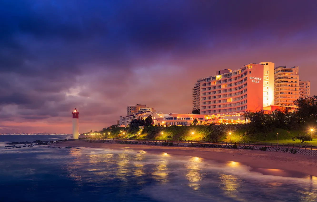 Фото обои lights, beach, sea, ocean, night, hotel, lighthouse