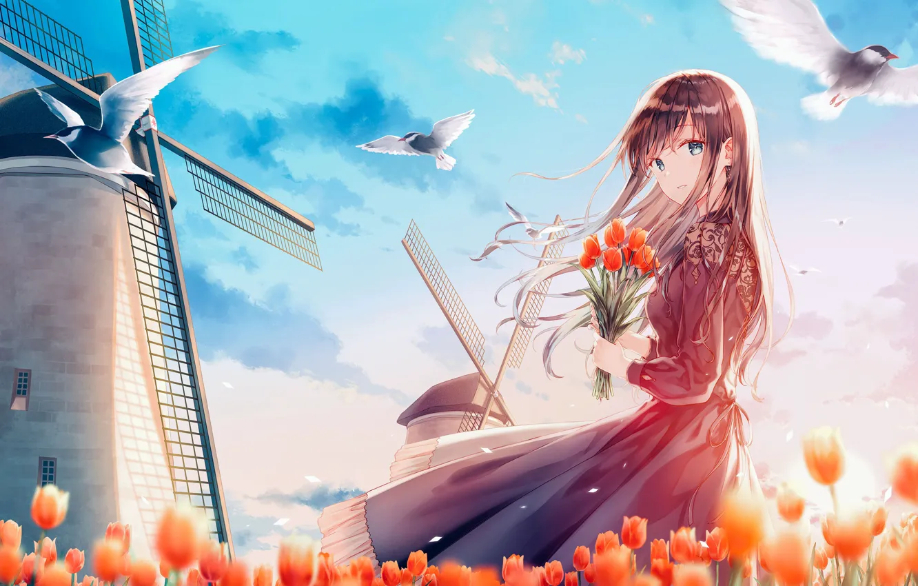 Фото обои небо, девушка, весна, мельница, тюльпаны
