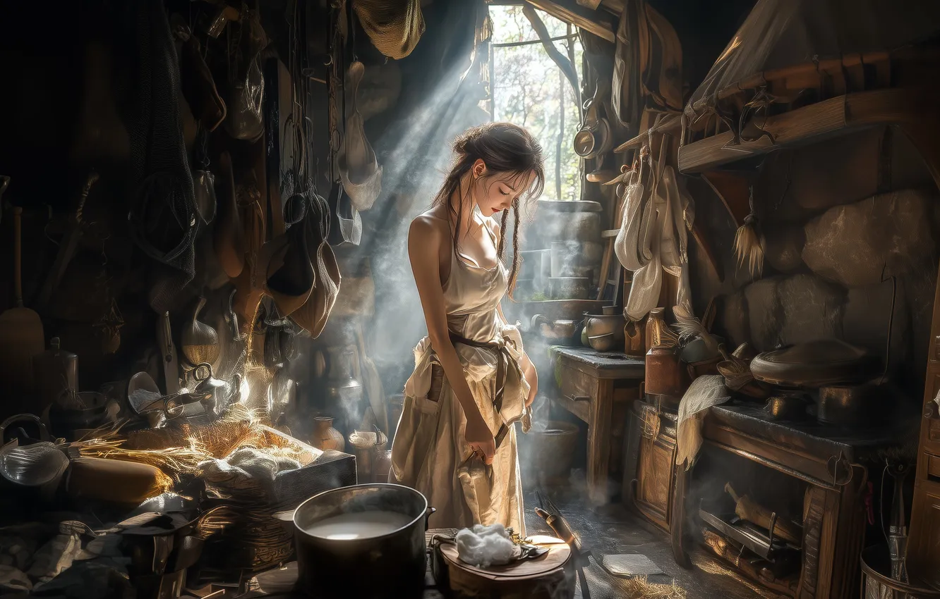 Фото обои Girl, artwork, fantasy art, maid, kitchen, sunrays, ai art