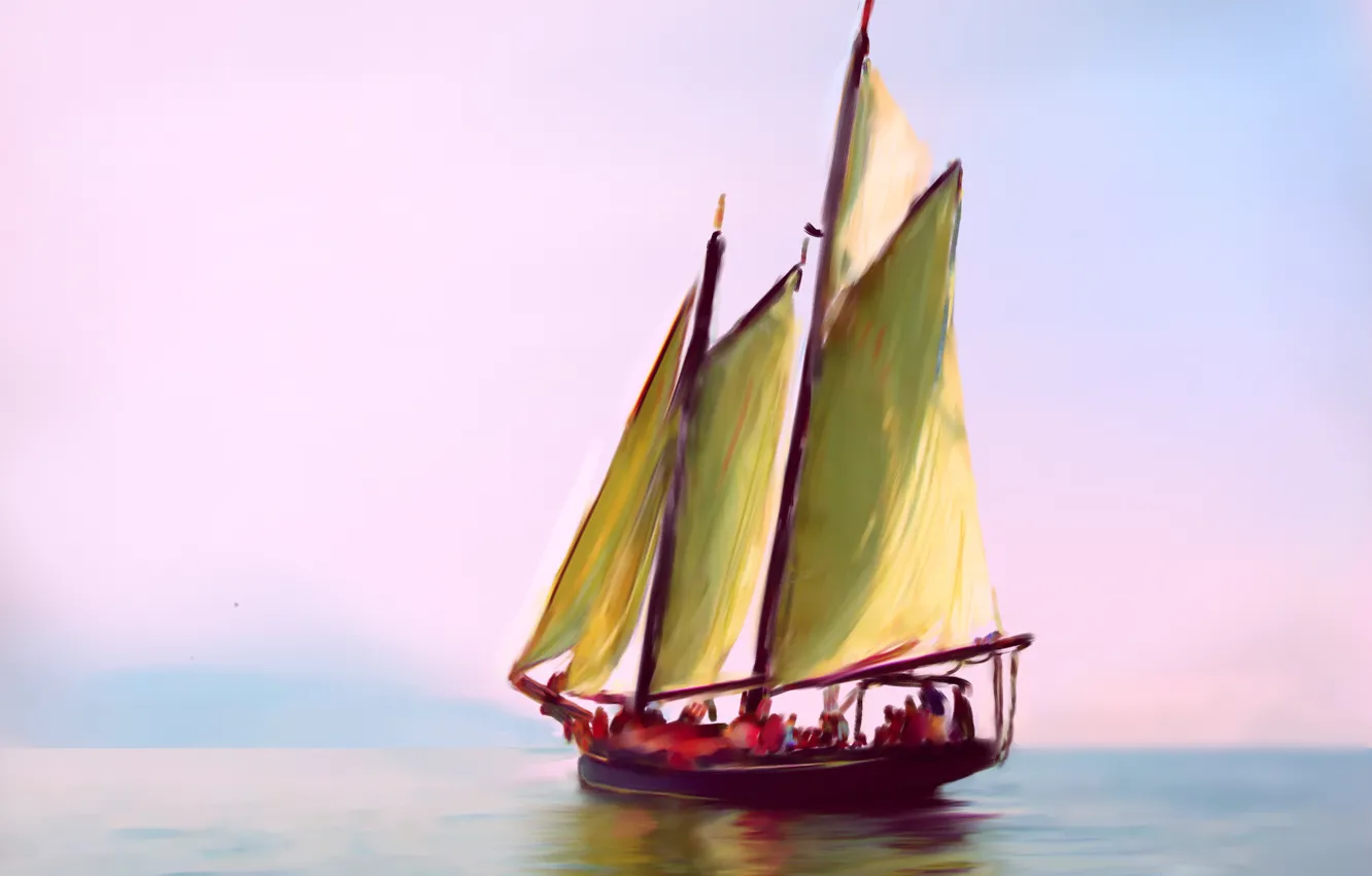 Фото обои море, небо, пейзаж, лодка, рисунок, картина, яхта, парус