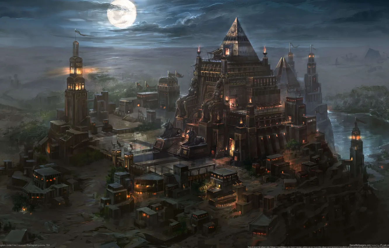 Фото обои ночь, город, луна, пустыня, маяк, арт, пирамиды, мавзолей