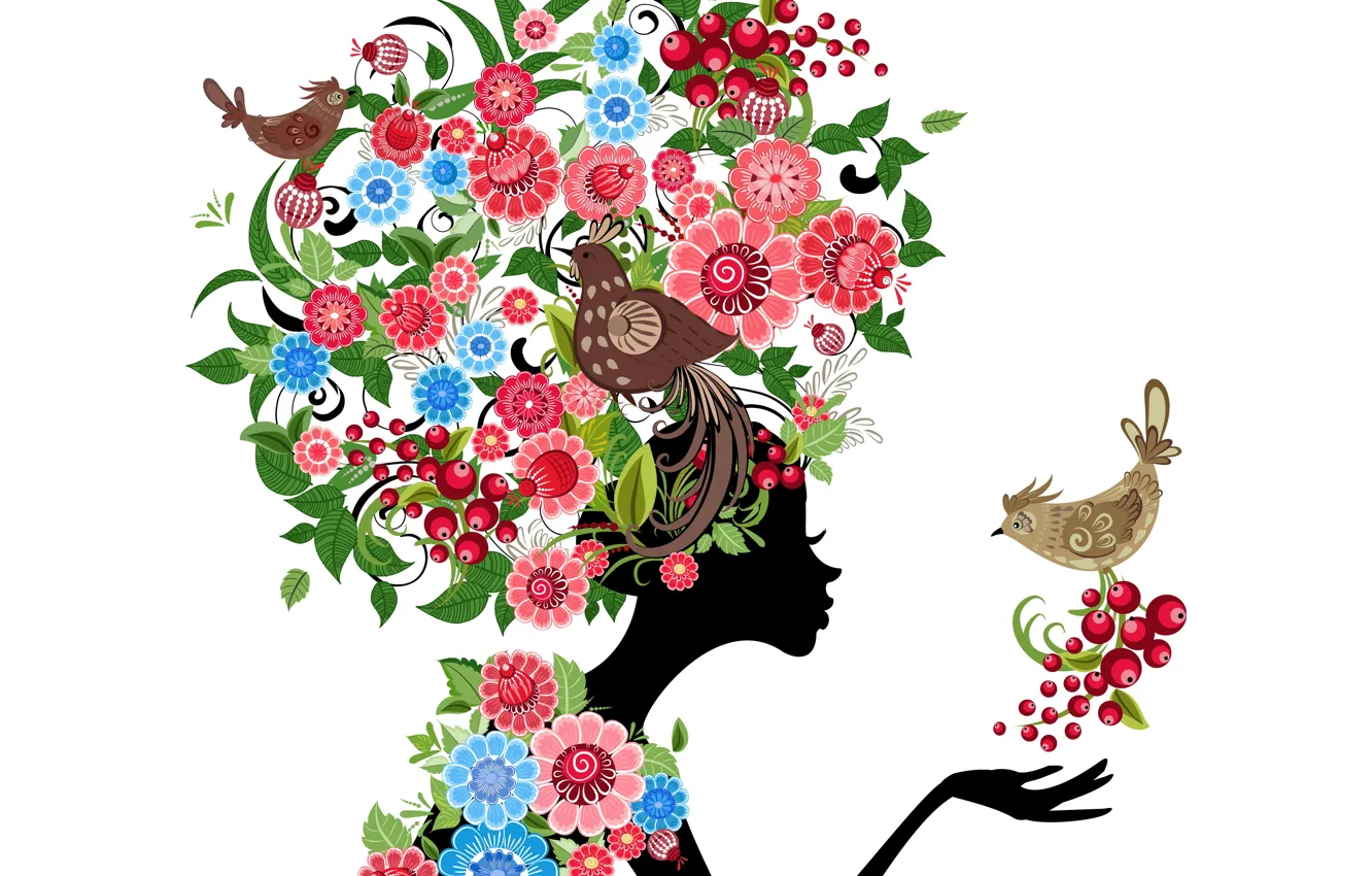 Фото обои девушка, цветы, птицы, абстракция, girl, flowers, birds, abstraction