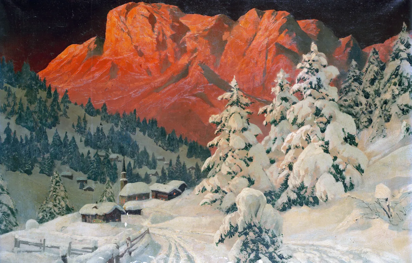 Фото обои Дома, Горы, Ночь, Снег, Картина, Alois Arnegger, Ели, Берхтесгаден