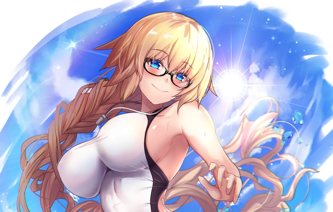 Фото обои girl, sexy, wet, cleavage, sky, long hair, boobs, anime