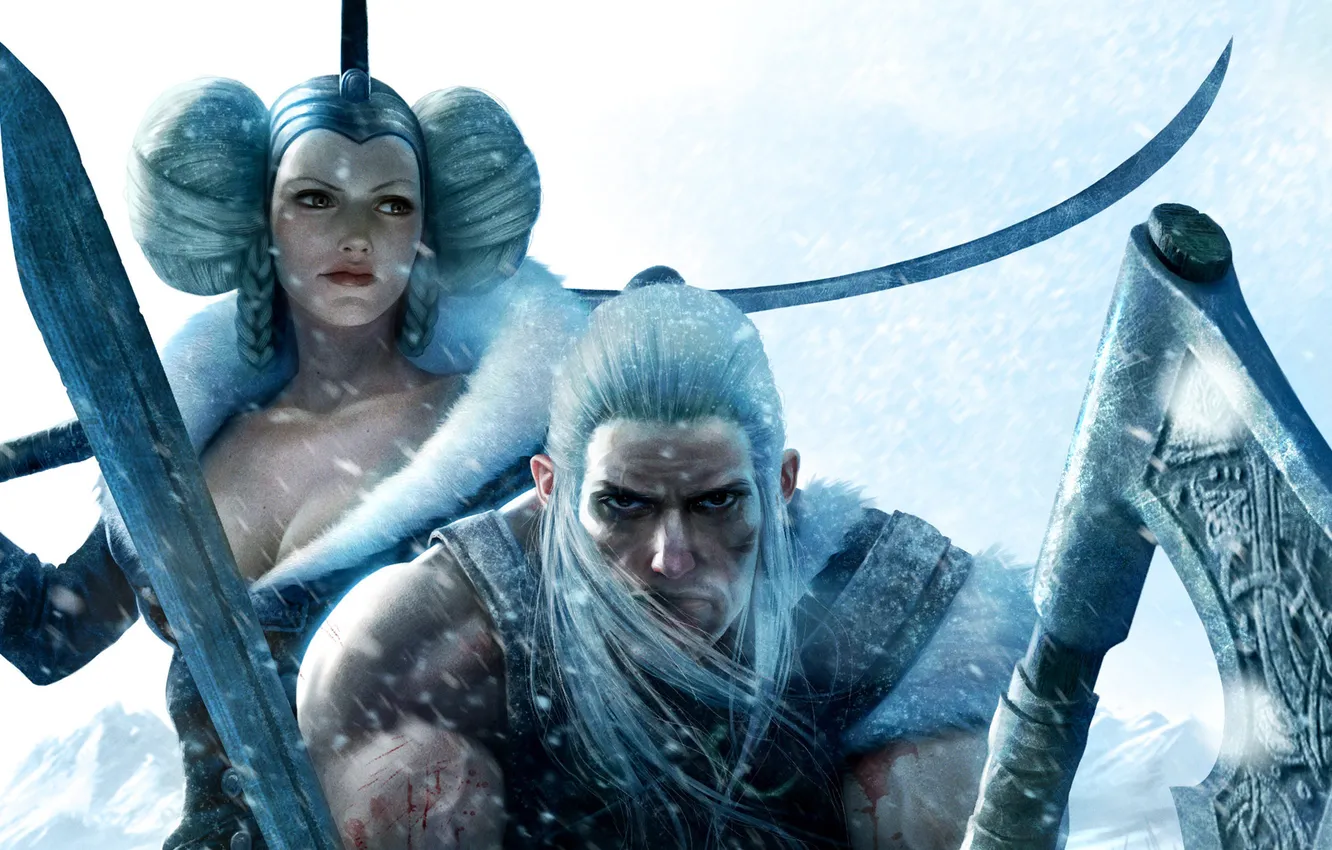 Фото обои девушка, снег, оружие, меч, воин, мужчина, топор, викинг