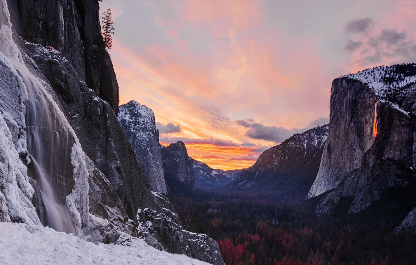 Фото обои Fire, Sunset, Ice, Yosemite Park