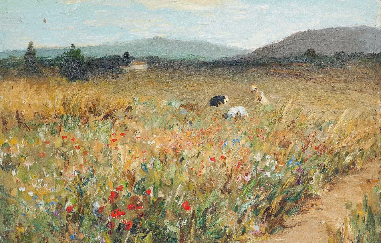 Фото обои пейзаж, горы, картина, Марсель Диф, Фигуры среди цветов в Провансе