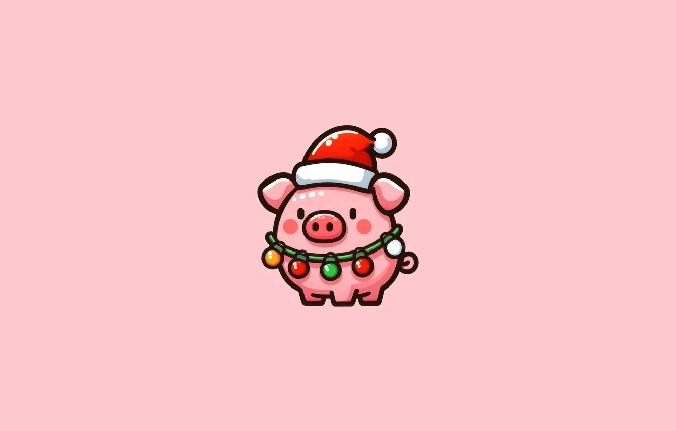 Фото обои праздник, Рождество, Christmas, розовый фон, holiday, pink background, свинья с гирляндами, pig with lights