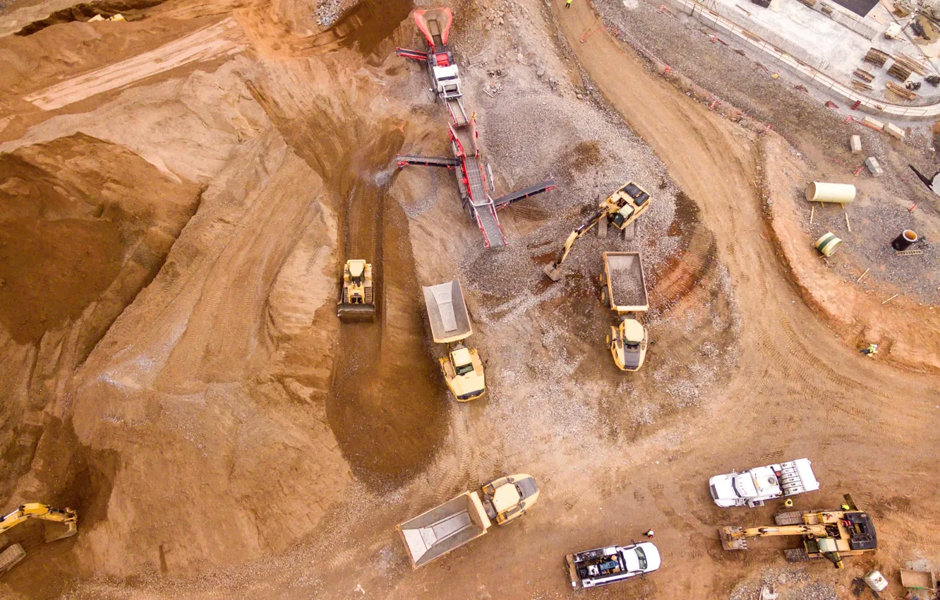 Фото обои Trucks, Excavator, Dump Truck, Working, Birds Eye View, Shane Mclendon