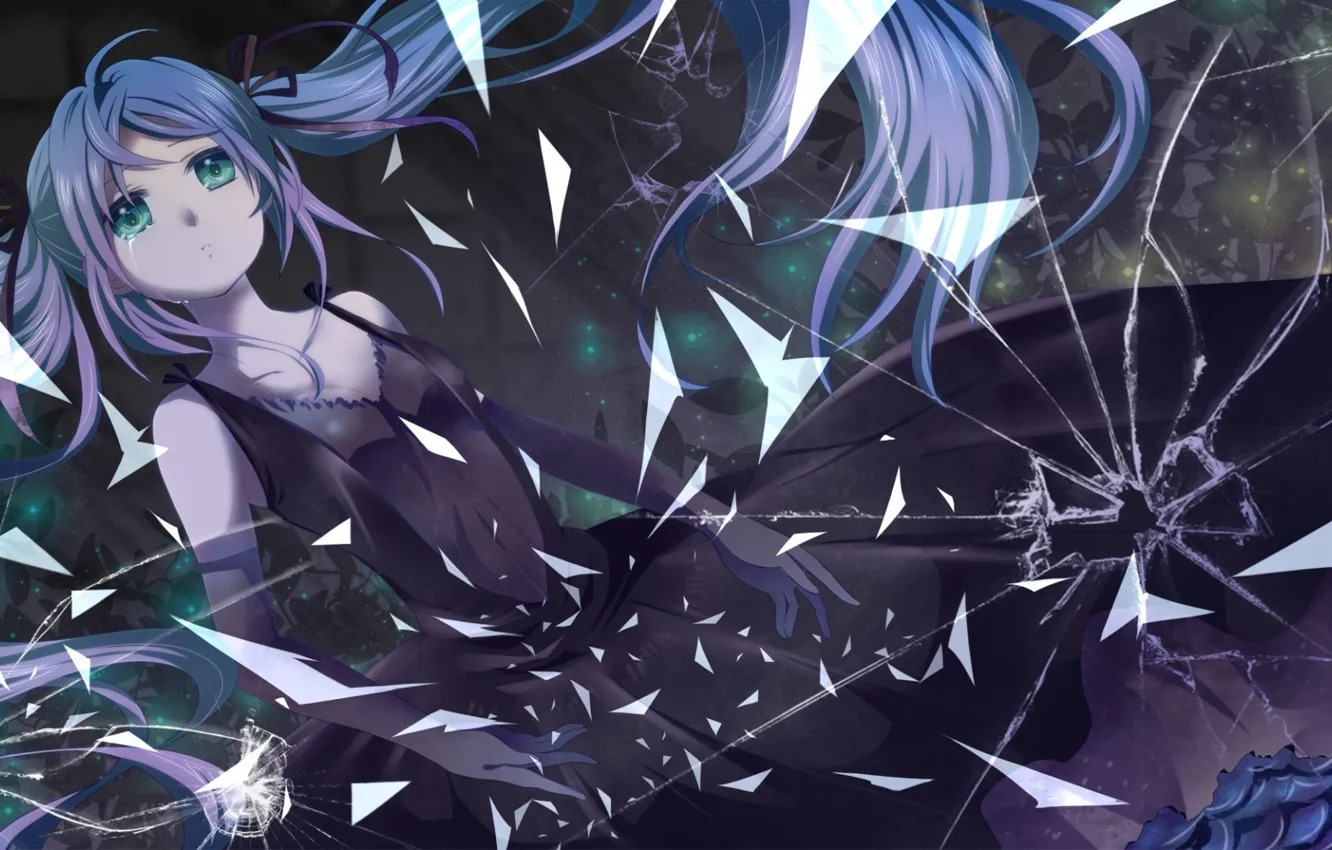 Фото обои стекло, осколки, трещины, слезы, черное платье, Hatsune Miku, Vocaloid, длинные волосы