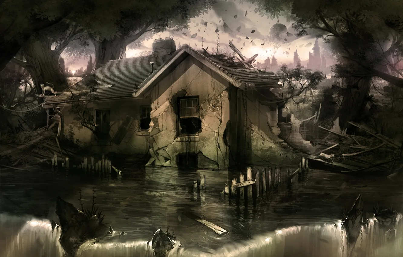 Фото обои вода, дом, камни, водопад, арт, потоп, руины, мрачно