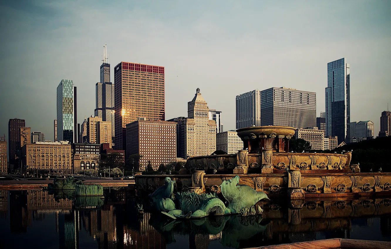 Фото обои город, небоскребы, Чикаго, фонтан, Иллиноис