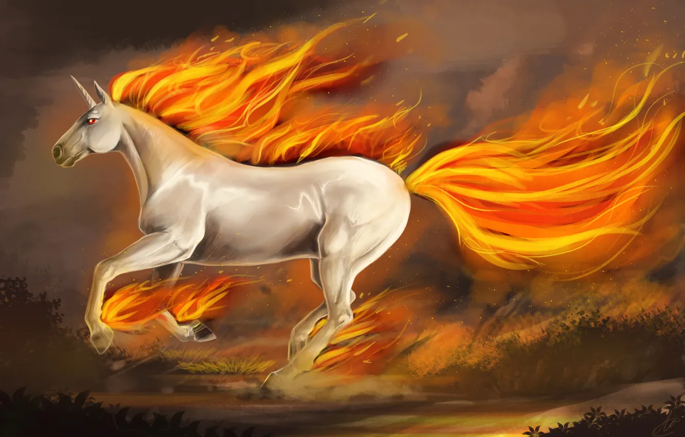 Фото обои фантастика, лошадь, арт, единорог, скачет, копыта, огненная, огнь