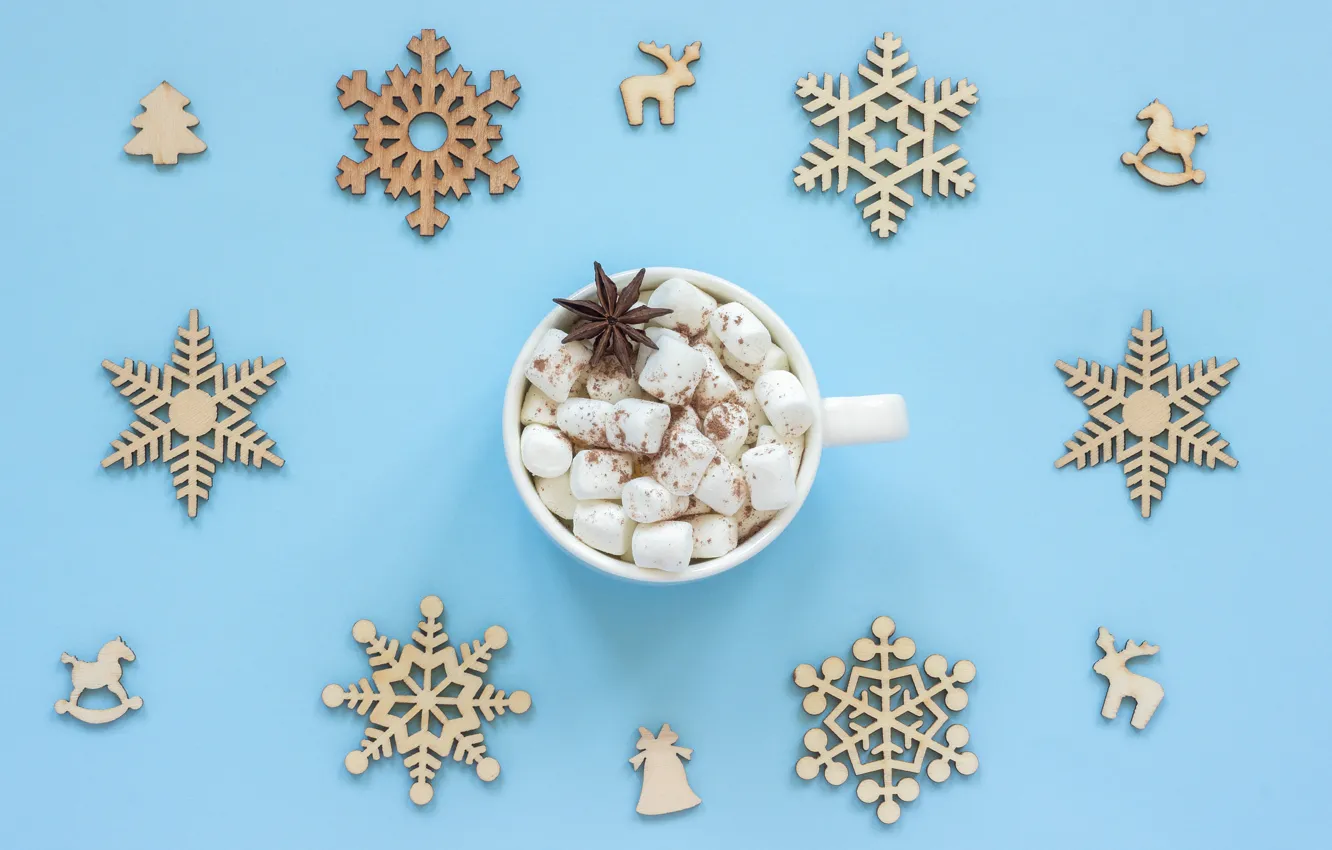 Фото обои снежинки, праздник, чашка, декор, какао, зефир
